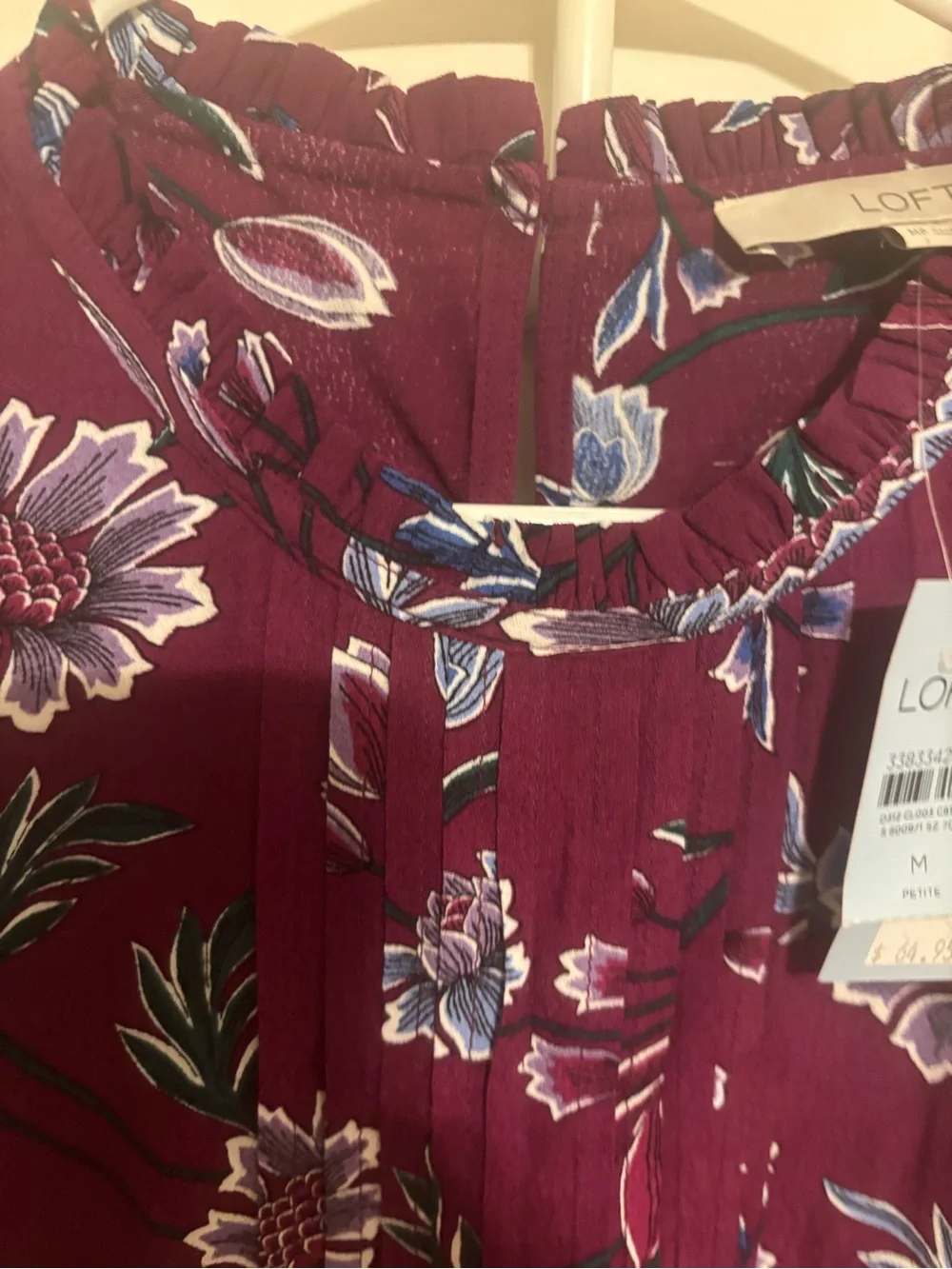 LOFT Plum Floral Ruffle-Neck Blouse